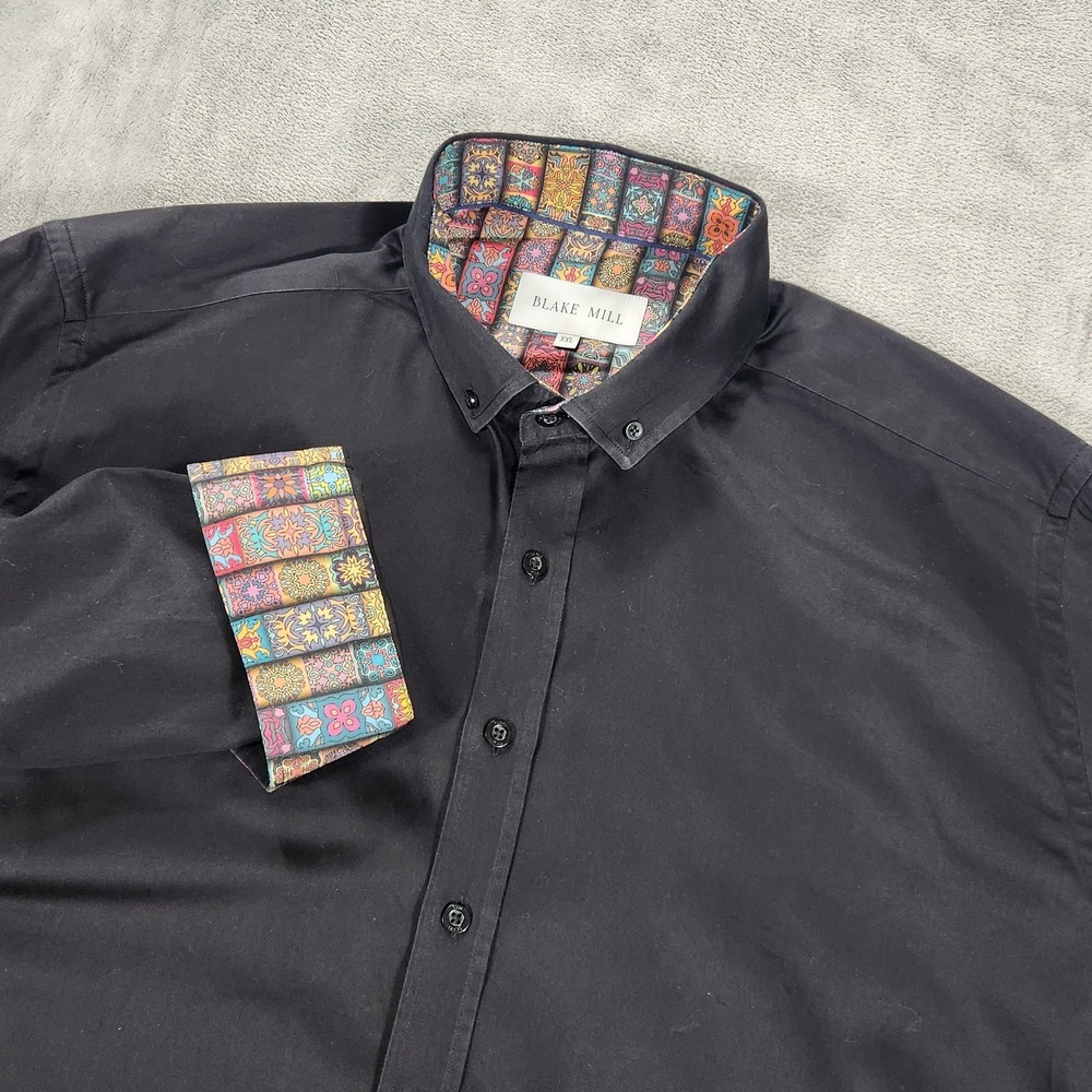 Blake Mill Shirt Mens 2XL Black Button Down Contrast Pattern Trim Cotton XXL